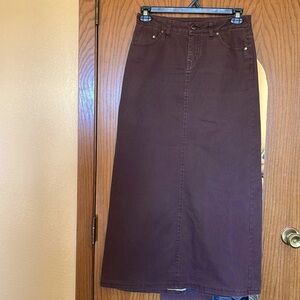 Vintage maxi skirt, brown stretch denim, Sz 8